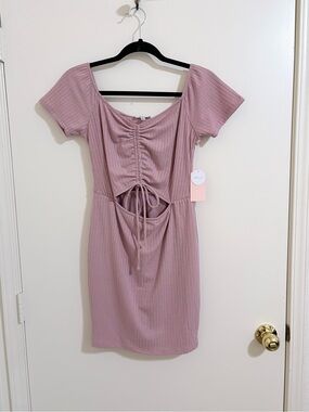 Ribbed Drawstring Cutout Mini Dress - Mauve Pink